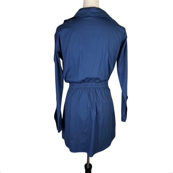 Monrow Navy Stretch Poplin Cotton Blend Button Up Long Sleeve Mini Shirt Dress - Picture 5 of 14